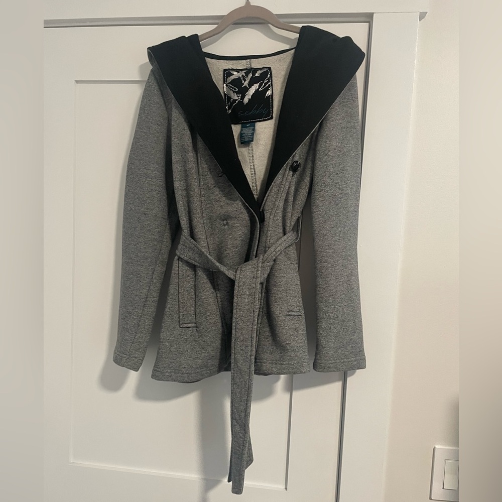 Sebby Heather Gray hooded, fleece-lined fall coat with waist tie, size small